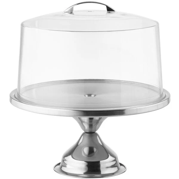 TableCraft 12 3/4" Stainless Steel Cake Stand with Plastic Cover