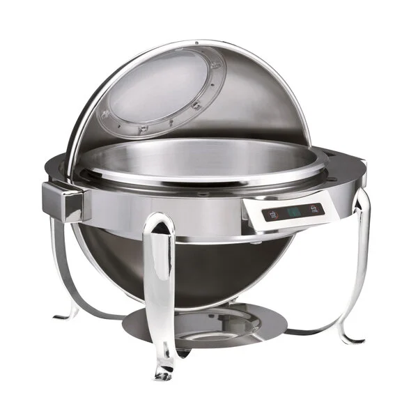 9 Qt. Round Chrome Electric Chafer with Automatic Open / Close Lid and Glass Window