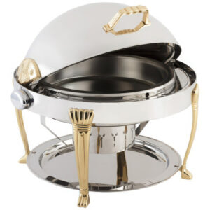 8 Qt. Round Dripless Stainless Steel with 24K Gold Accents Roll Top Chafer