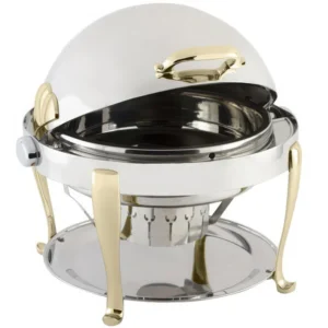 8 Qt. Dripless Round Stainless Steel with Brass Accents Roll Top Chafer with Roman Legs